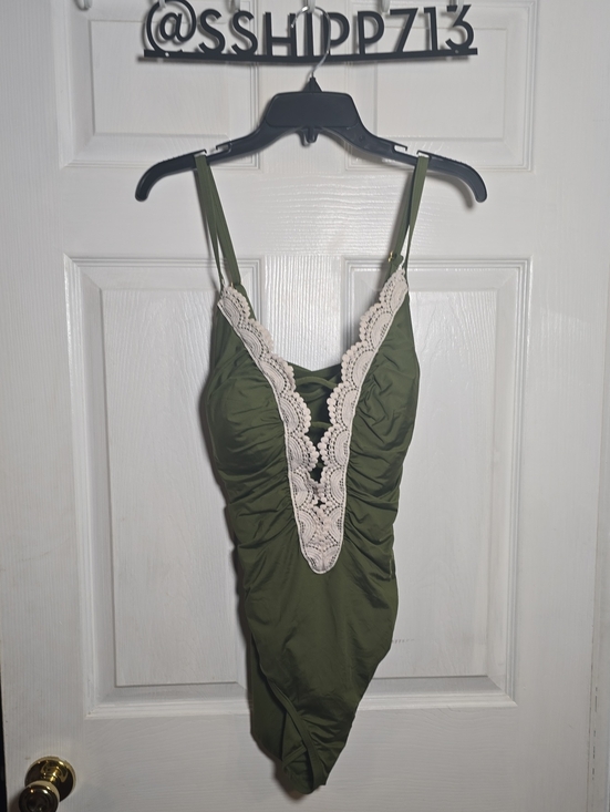 Time and Tru Other - Time And Tru Never Worn 1X Olive Green One-Piece Swimsuit with Cream Lace Trim